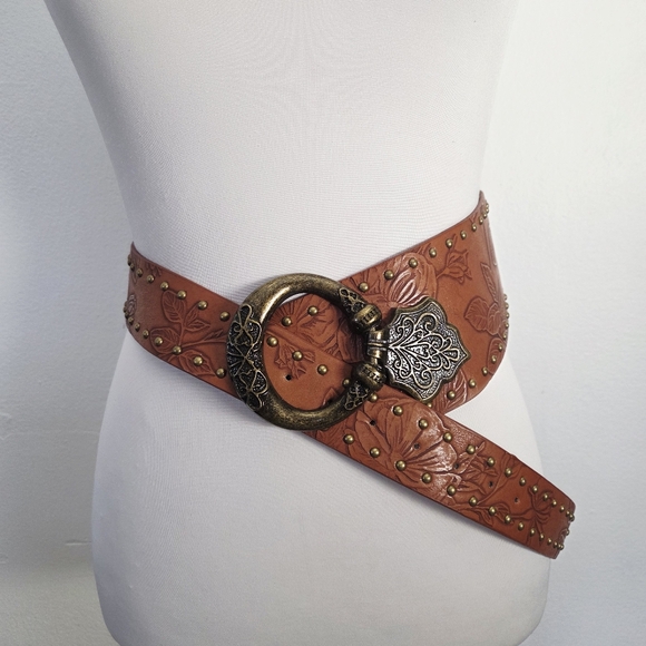 Brown Studded Belt with Brass Color Buckle - Picture 3 of 10